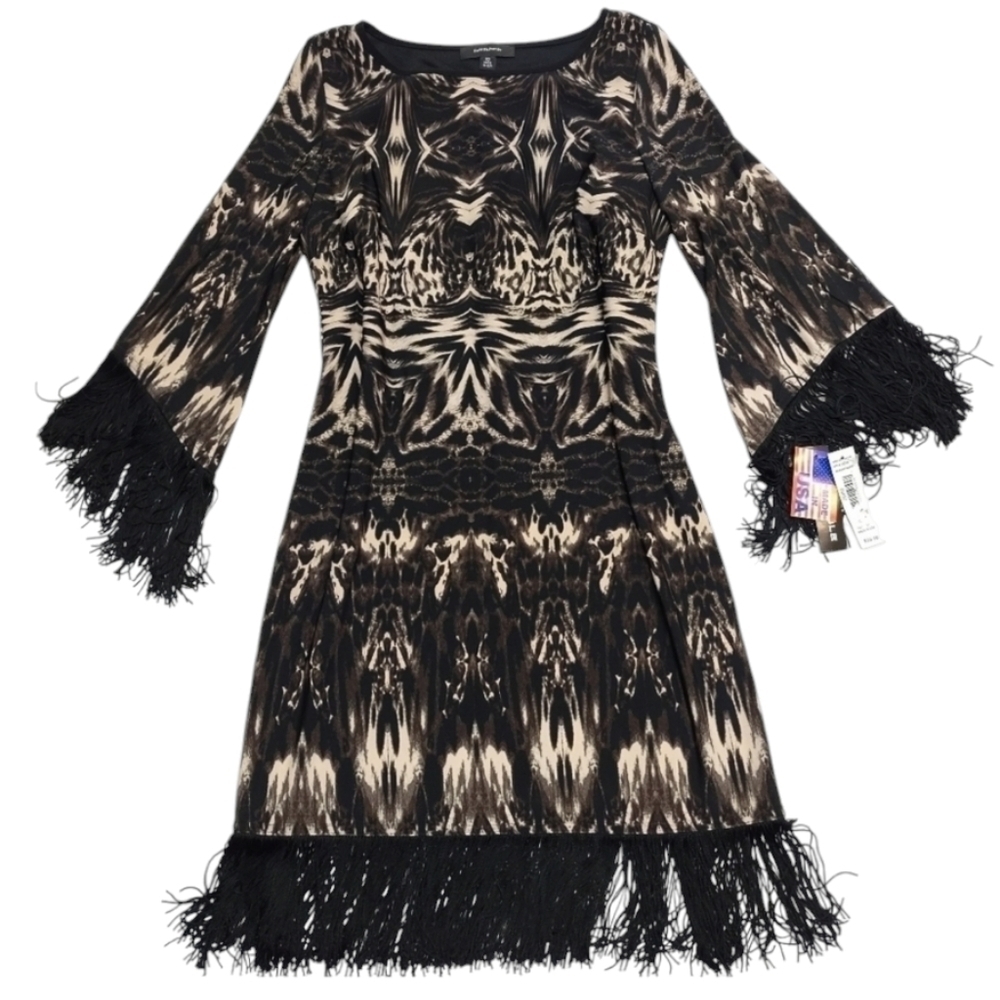 R&M Richards Black Brown White Fringe Dress Size 10 NWT